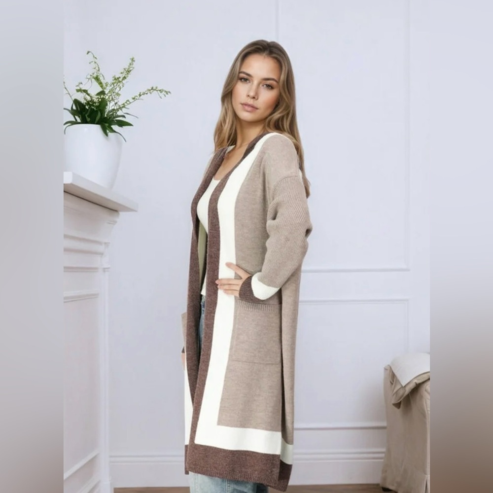 Chouyatou Hooded Color Block Knit Cardigan Apricot Khaki Viscose Blend Size L